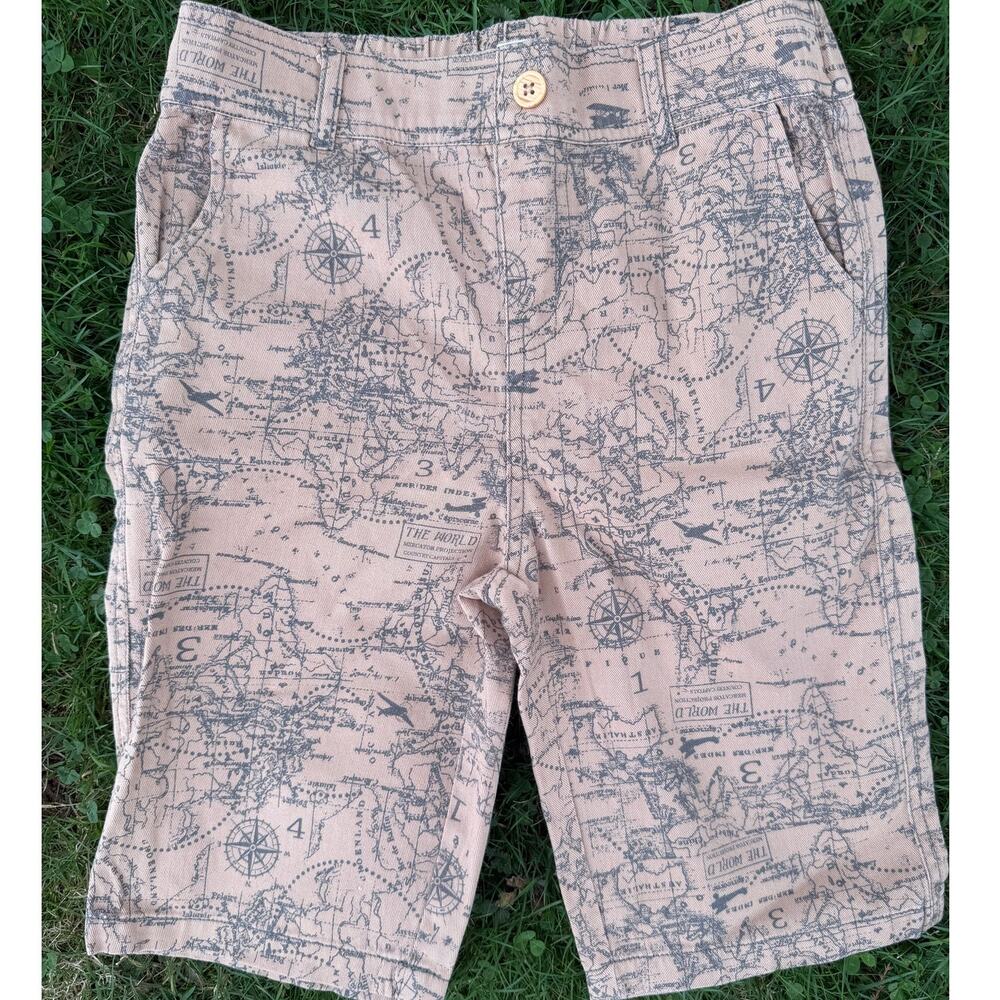 Peek Kids World Map Print Shorts Tan Cotton Pull-On (SZ 8)